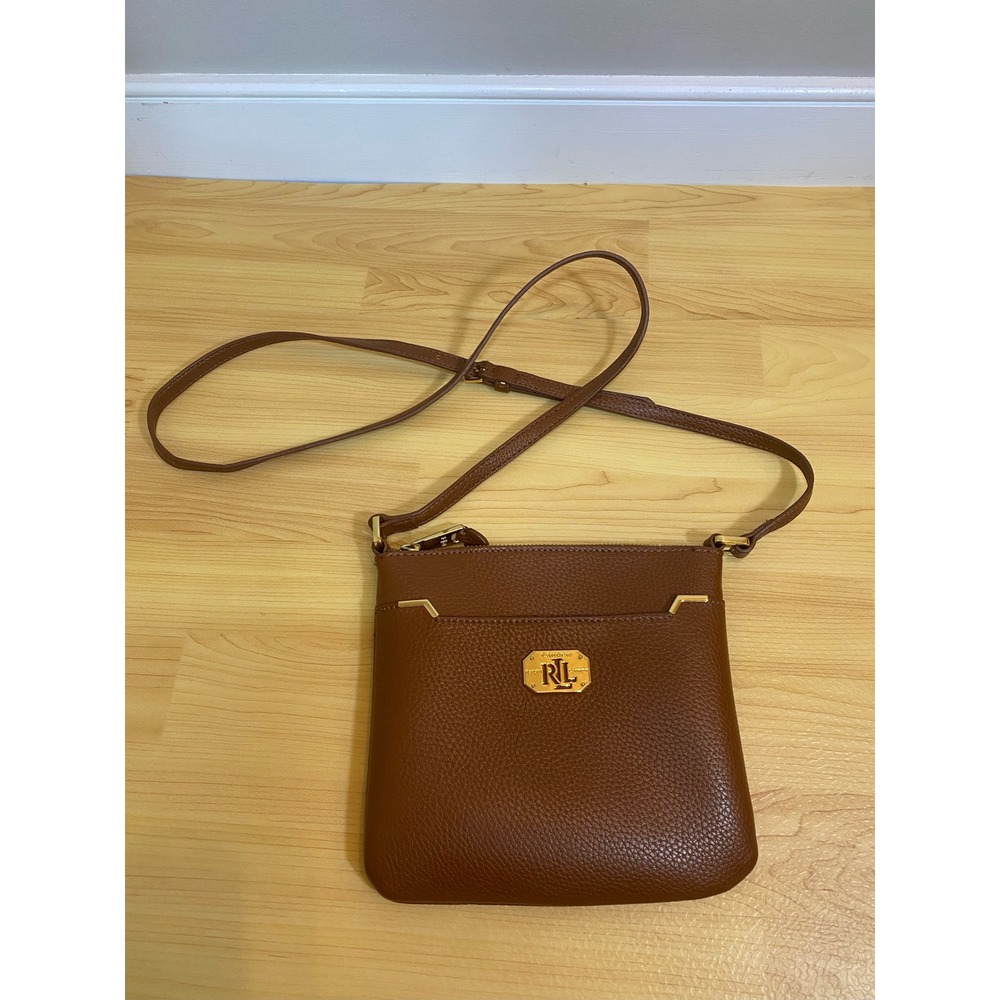 Lauren Ralph Lauren Brown Pebbled Crossbody Bag Gold Hardware Slim Messenger